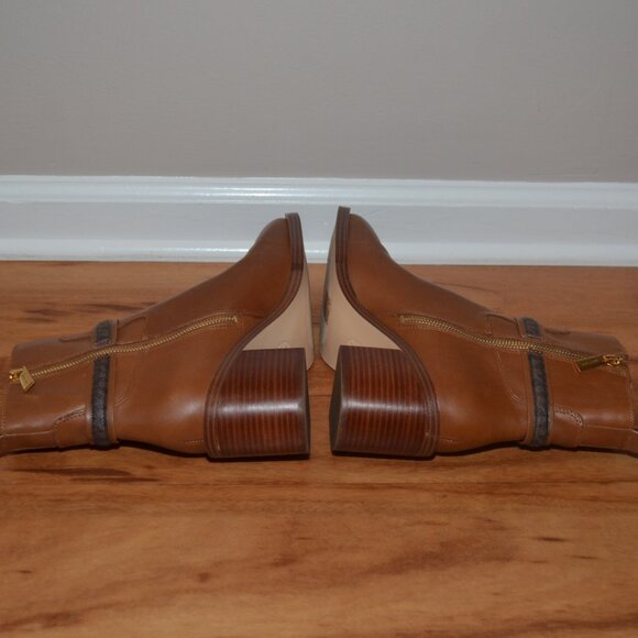 Michael Kors Womens 8.5 Brown Leather Mindy Block Heel Logo Zip Almond Boots - Picture 8 of 14